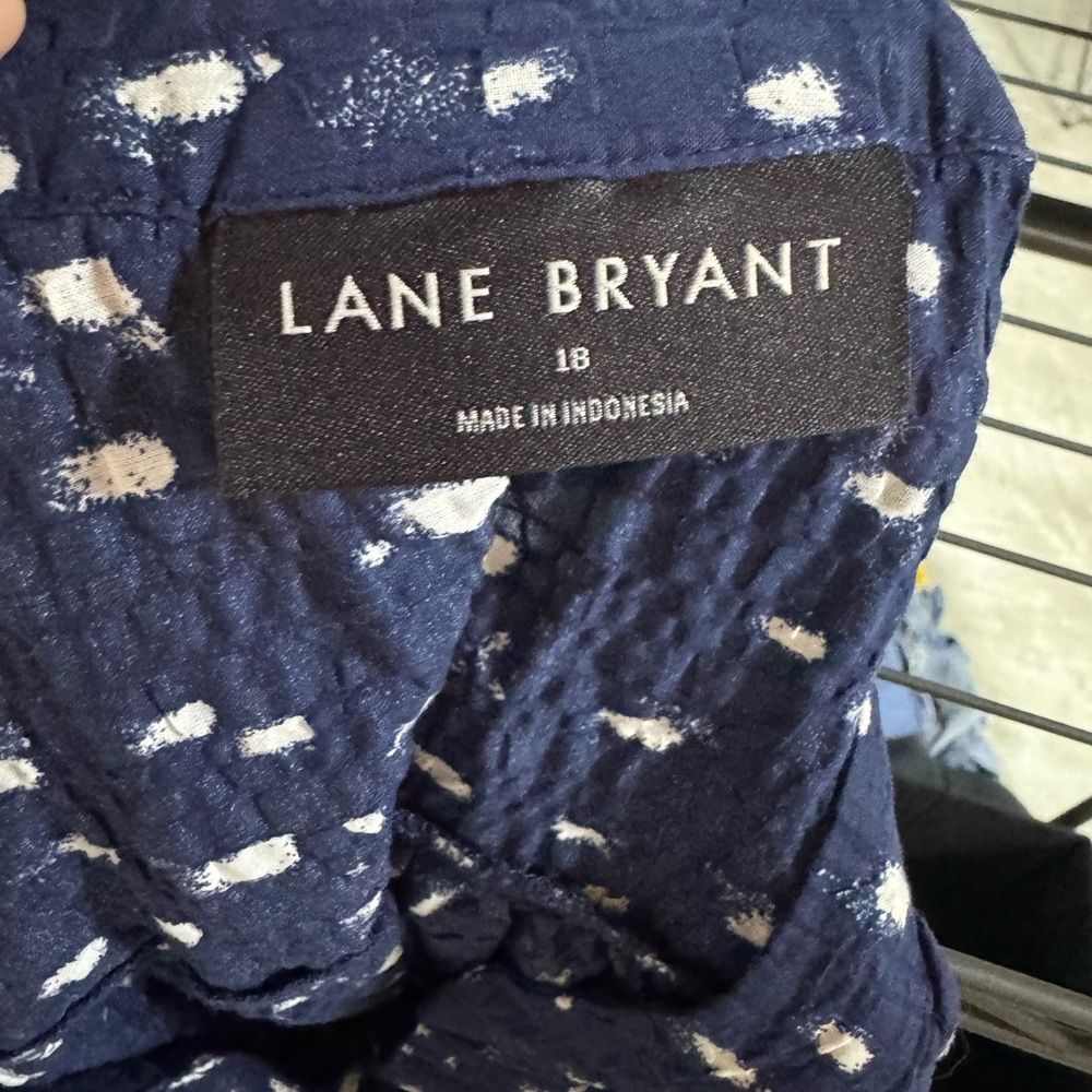 Lane Bryant Navy Blue Patterned Long Sleeve V-Neck Blouse - Picture 5 of 5